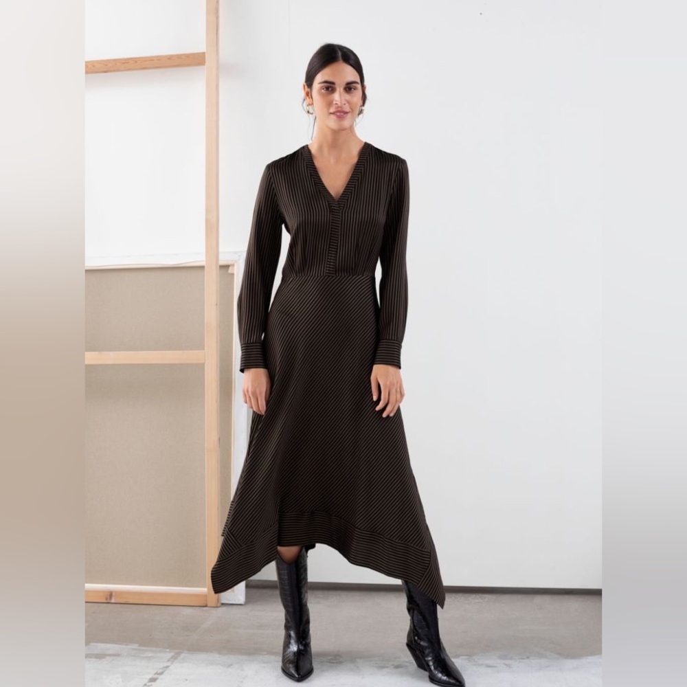 Striped Handkerchief Midi Dress - Black/Brown. Long sleeve.